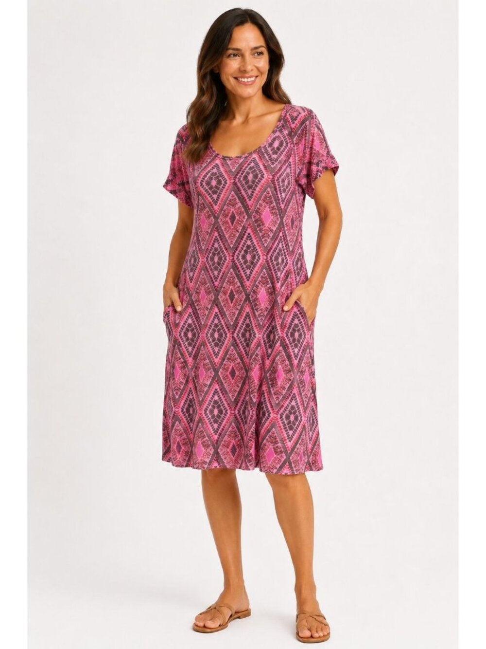 Fresh Produce Pink Diamond Ikat Print dress size Large 100% Cotton Casual US
